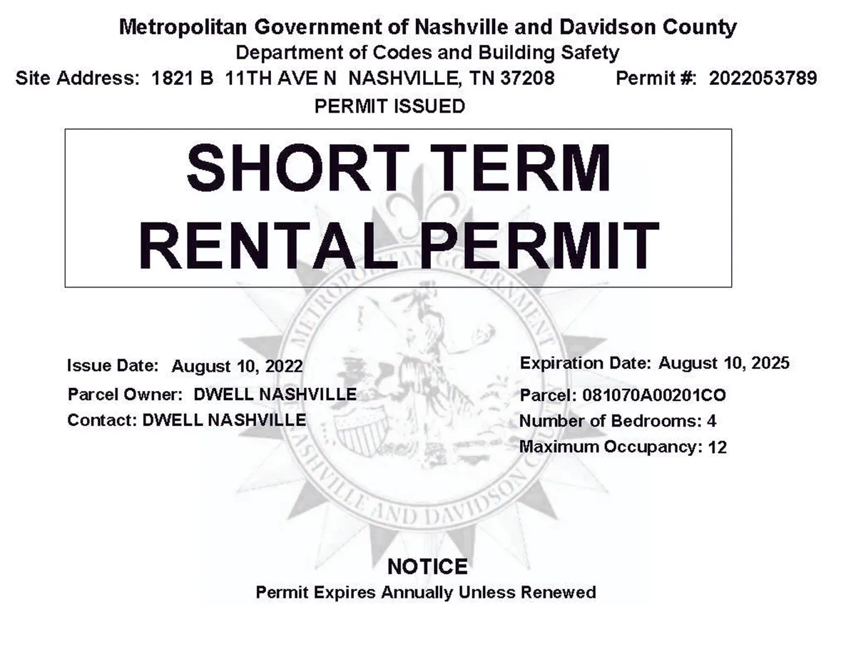 A close-up of the official Short Term Rental Permit bearing the Metropolitan Government Seal, signaling both legitimacy and a connection to local Nashville experiences. The mood is welcoming and assures guests they are in an authentic and approved property.